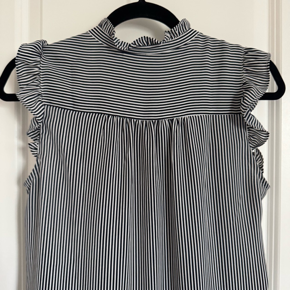 LOFT Ruffled Black and White Striped Sleeveless Blouse, SP - Picture 6 of 10